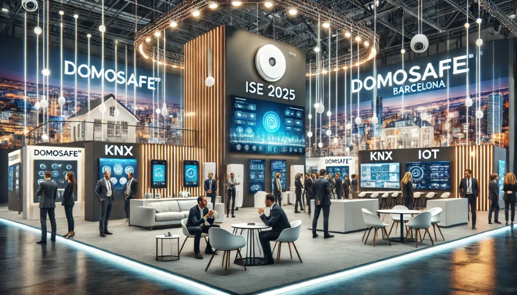 DomoSafe™ à l'ISE 2025 Barcelone, explorant les dernières innovations en domotique, KNX et automatisation des bâtiments dans un hall d'exposition high-tech.